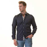 Navy inside Floral Mens Slim Fit Designer French Cuff Shirt - tailored Cotton Shirts for Work and Casual Wear